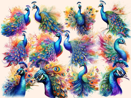 Rainbow Peacocks Watercolor Clipart colorful clipart - Wonders Artist