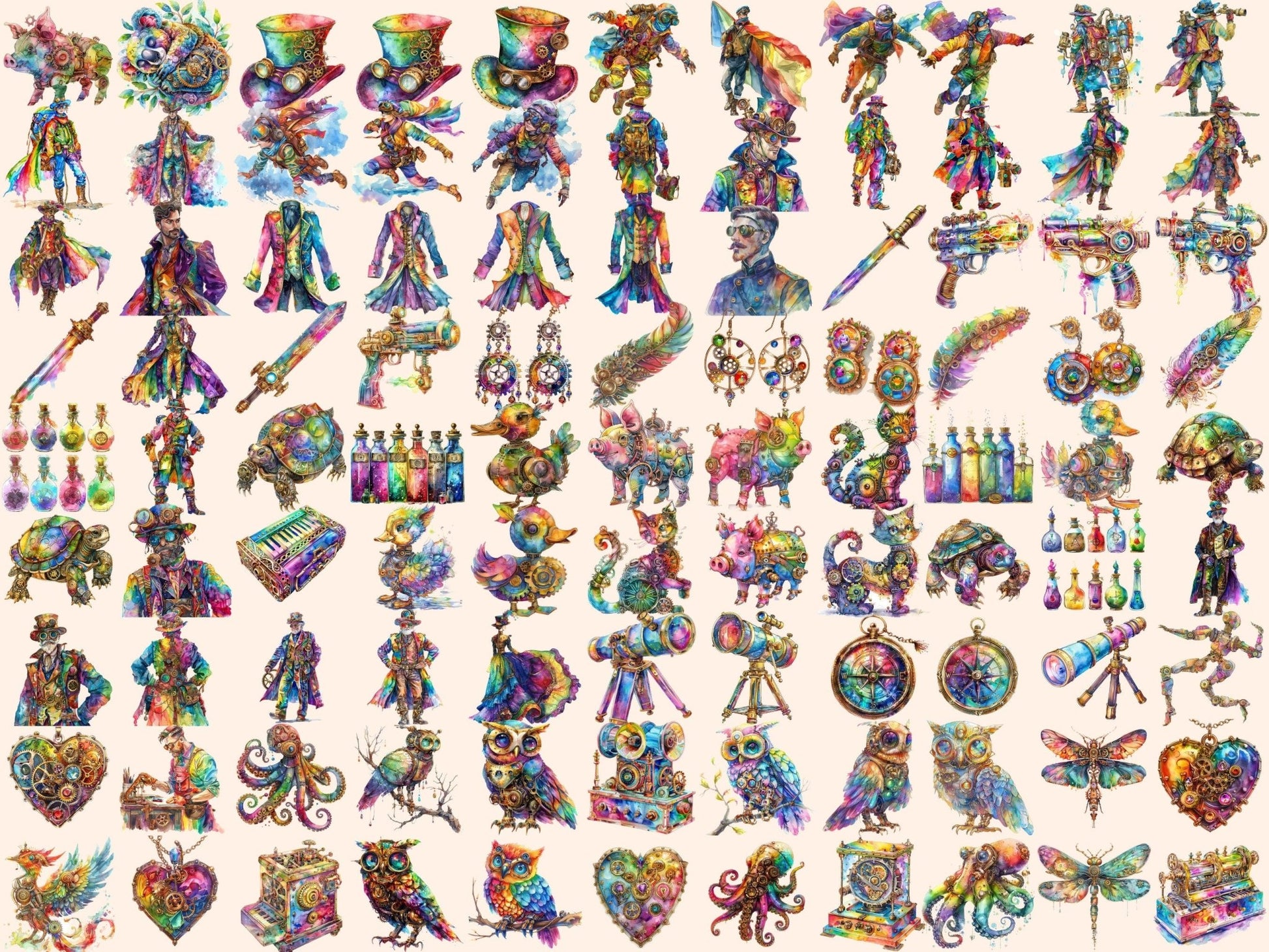 Rainbow Steampunk Watercolor Clipart - High - Quality Instant Digital Download for Creative Projects