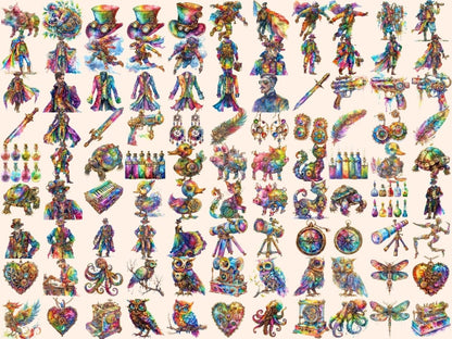Rainbow Steampunk Watercolor Clipart multicolor clipart - Wonders Artist