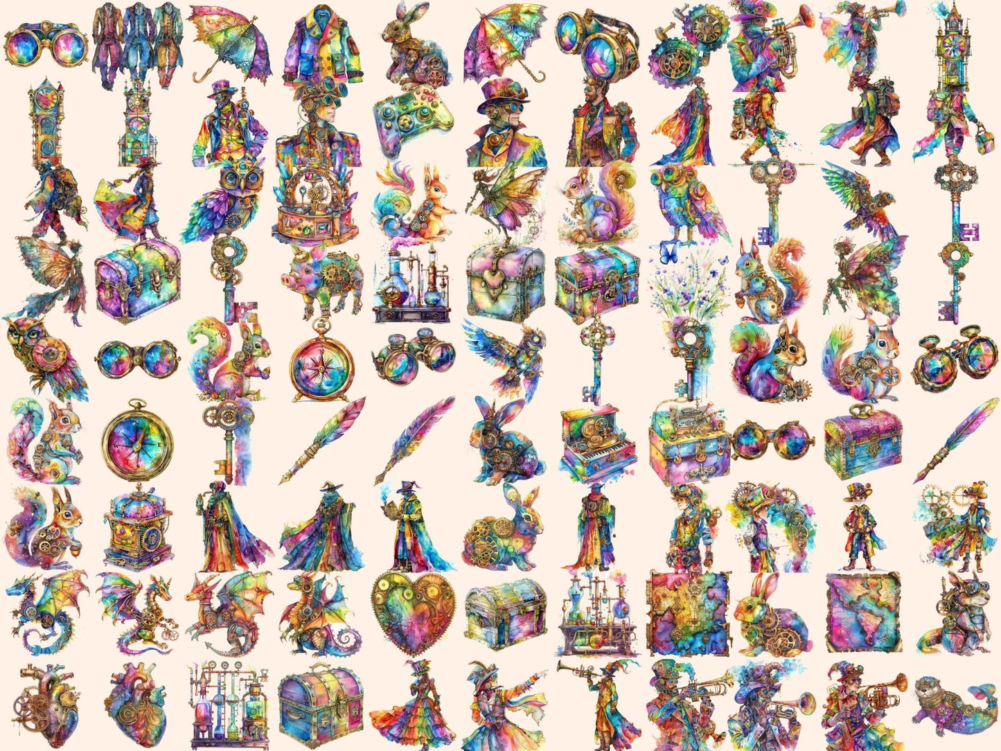 Rainbow Steampunk Watercolor Clipart - High - Quality Instant Digital Download for Creative Projects