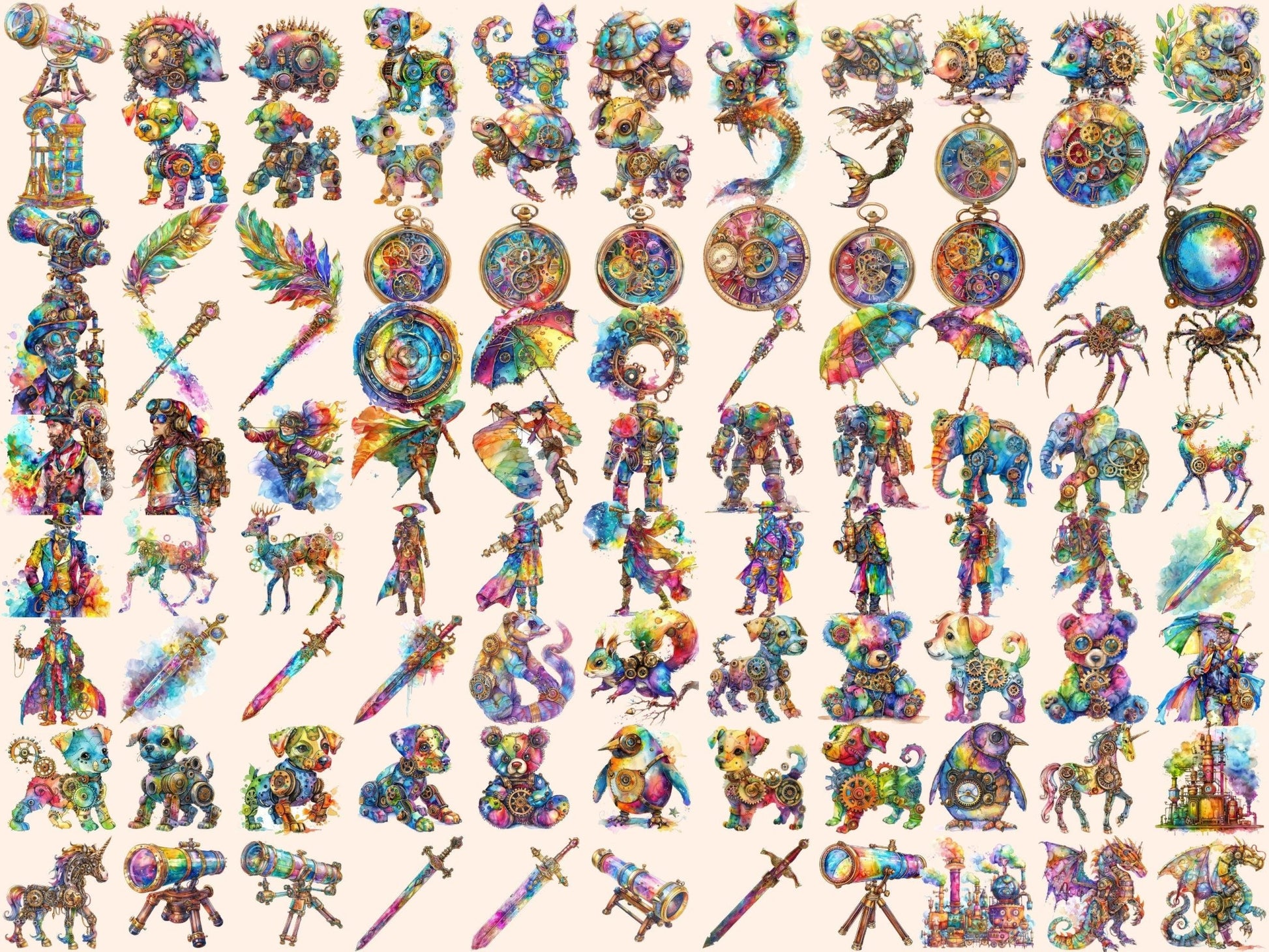 Rainbow Steampunk Watercolor Clipart - High - Quality Instant Digital Download for Creative Projects