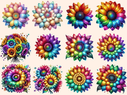 Rainbow Sunflowers Clipart Bright Sunflower Art - Wonders Artist