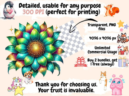 Rainbow Sunflowers (P2) Clipart Bright Sunflower Art - Wonders Artist