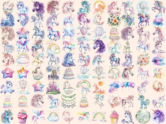 Clipart cu Unicorni Curcubeu în Acuarelă