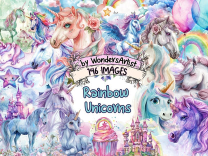 Rainbow Unicorns Watercolor Clipart - Wonders Artist