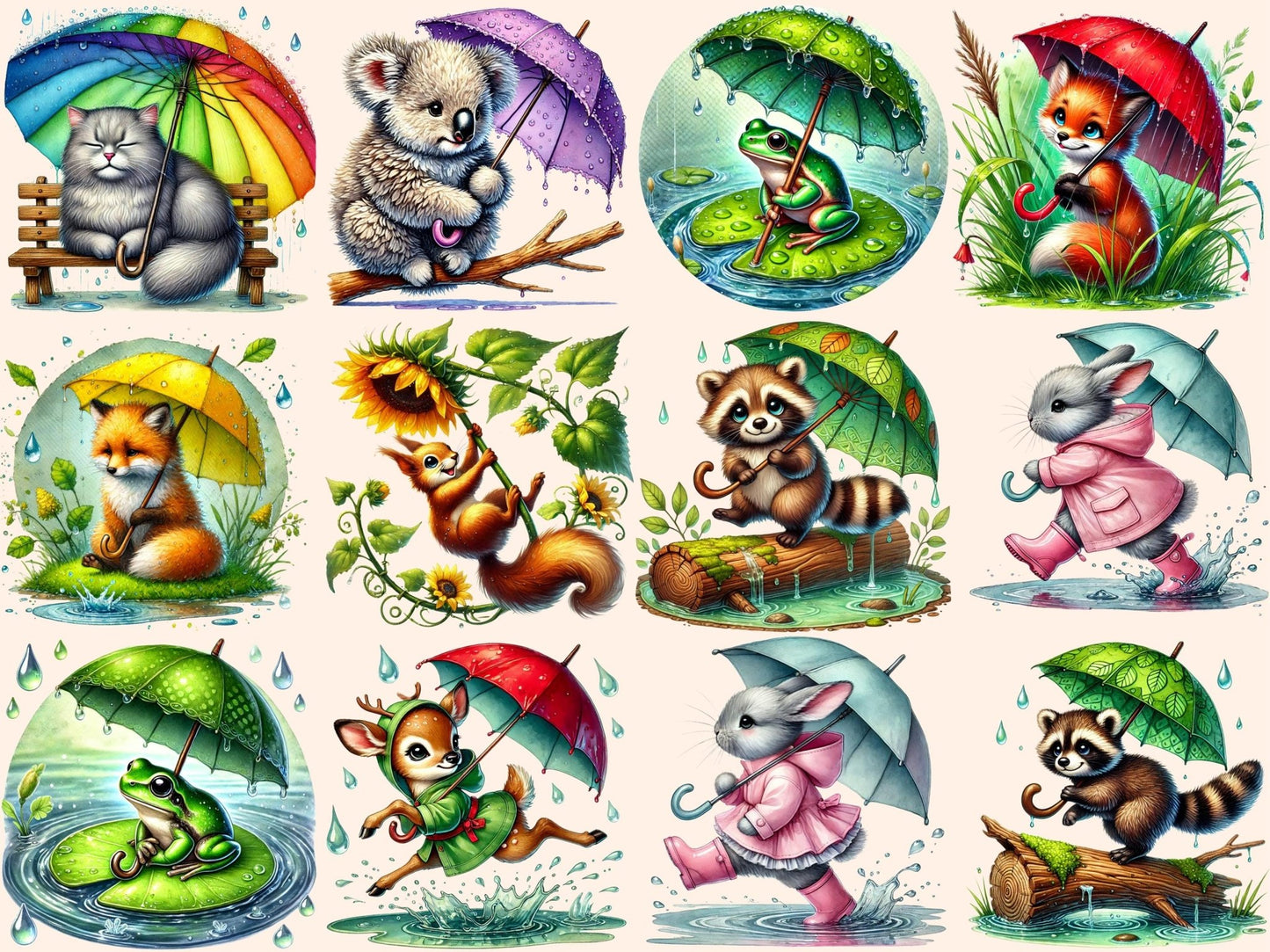 Rainy Critters Clipart - High - Quality Instant Digital Download for Creative Projects