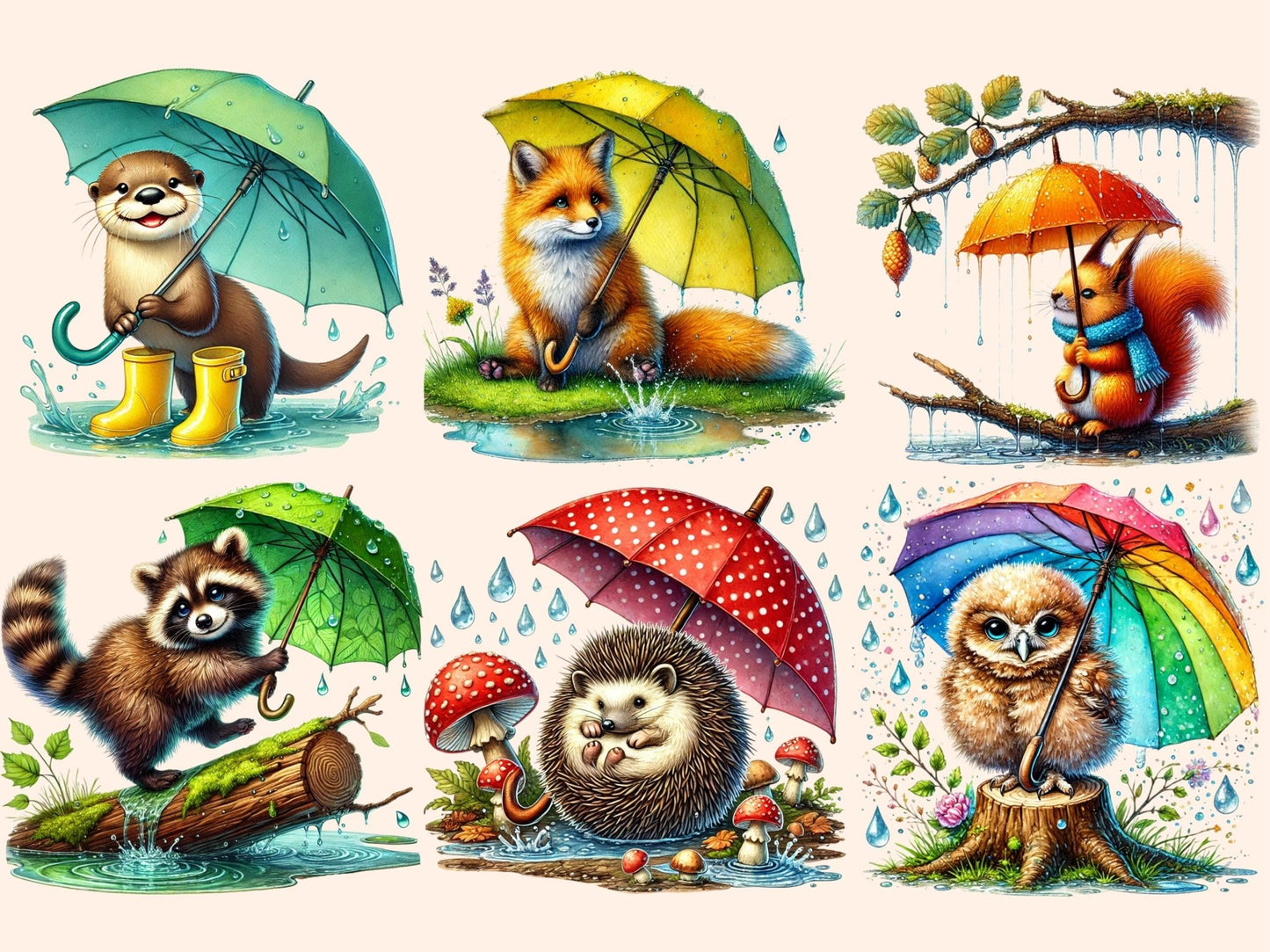 Rainy Critters Clipart - High - Quality Instant Digital Download for Creative Projects