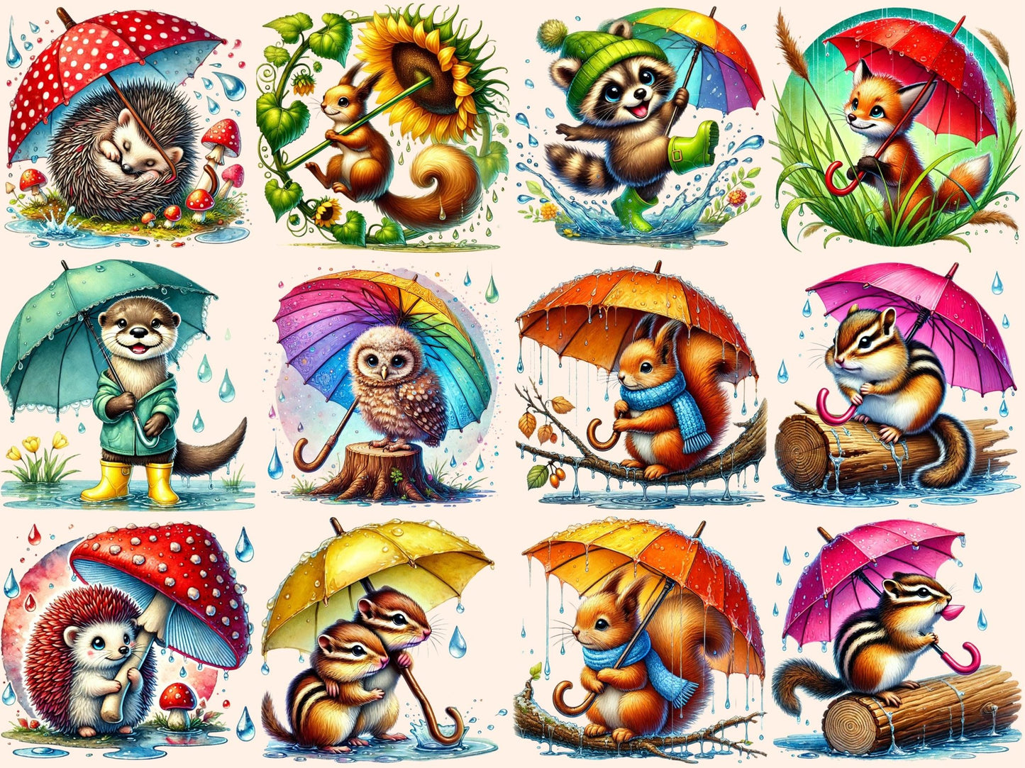 Rainy Critters Clipart - High - Quality Instant Digital Download for Creative Projects