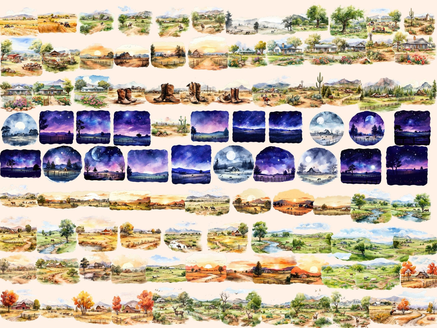 Ranch Landscapes Watercolor Clipart - High - Quality Instant Digital Download for Creative Projects