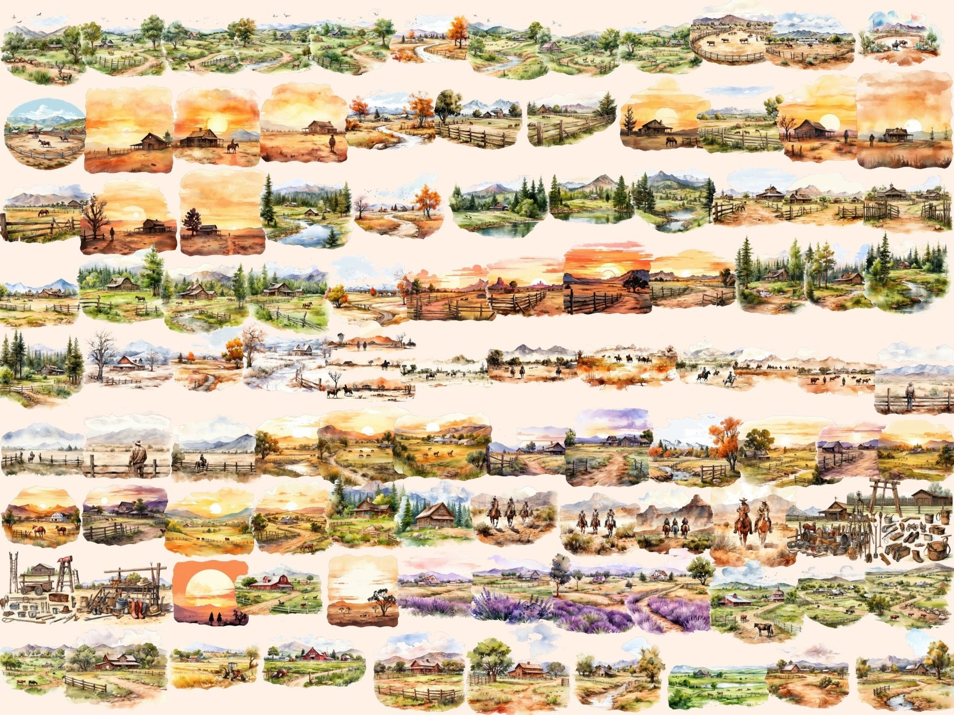 Ranch Landscapes Watercolor Clipart - High - Quality Instant Digital Download for Creative Projects