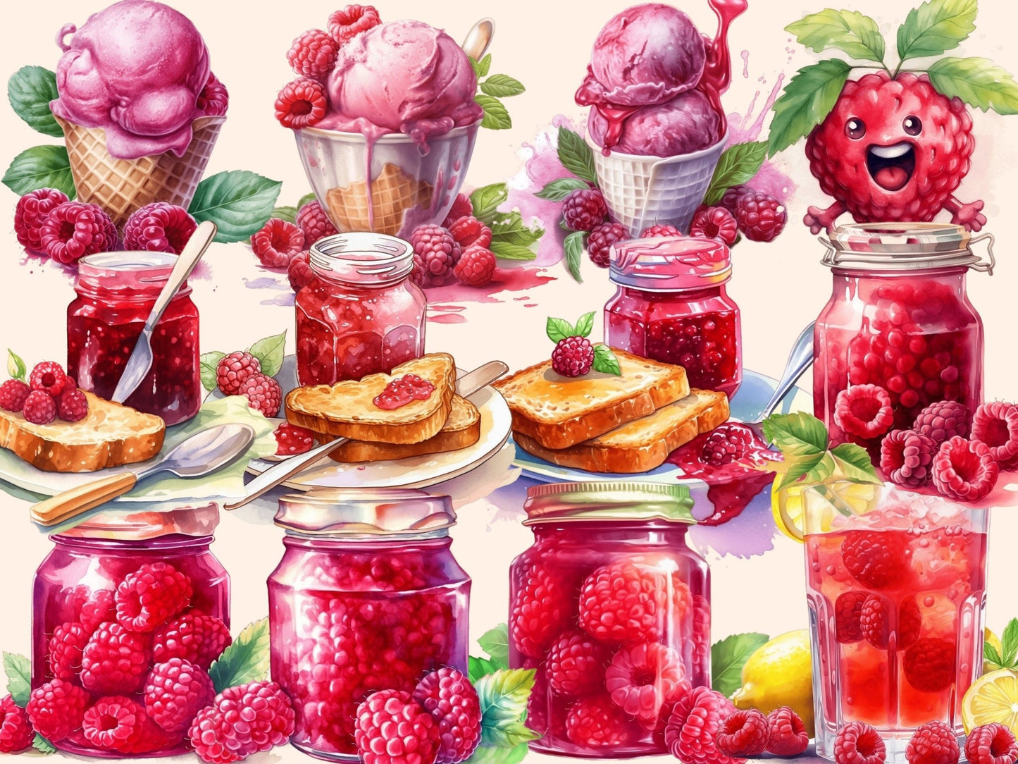 Raspberries Watercolor Clipart - High - Quality Instant Digital Download for Creative Projects