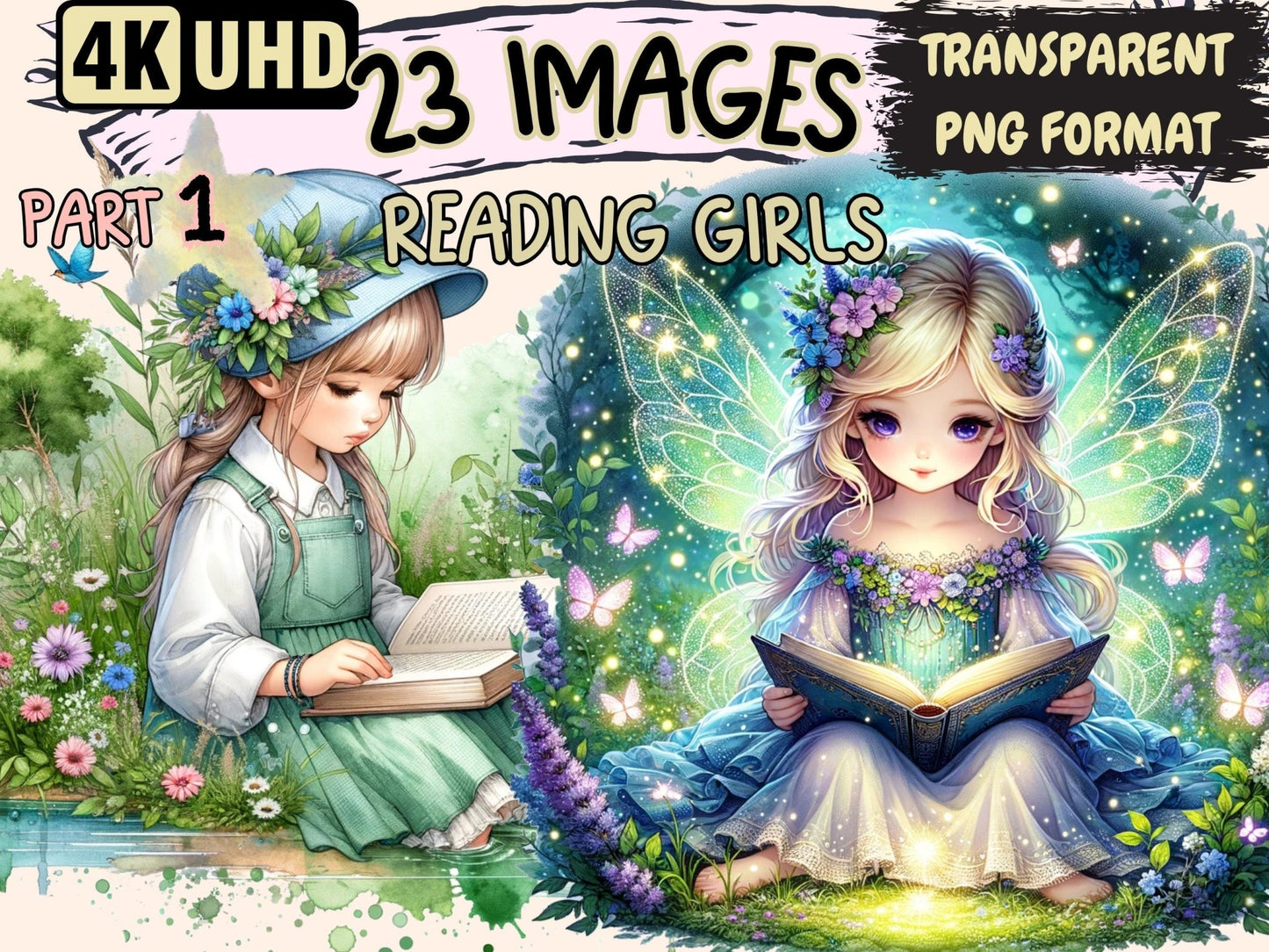 Reading Girls Clipart - High - Quality Instant Digital Download for Creative Projects