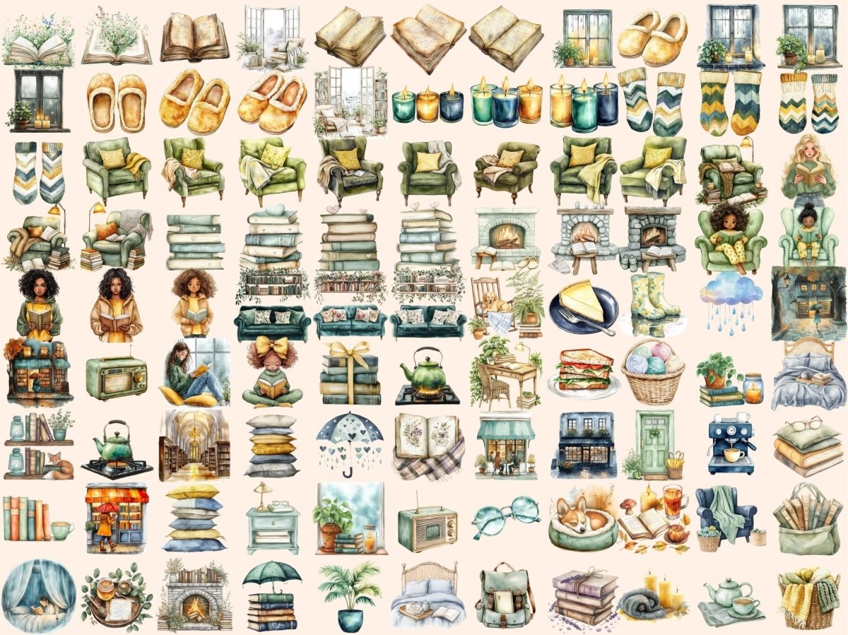 Reading in the Rain Watercolor Clipart autumn clipart book clipart book lover clipart - WondersArtist