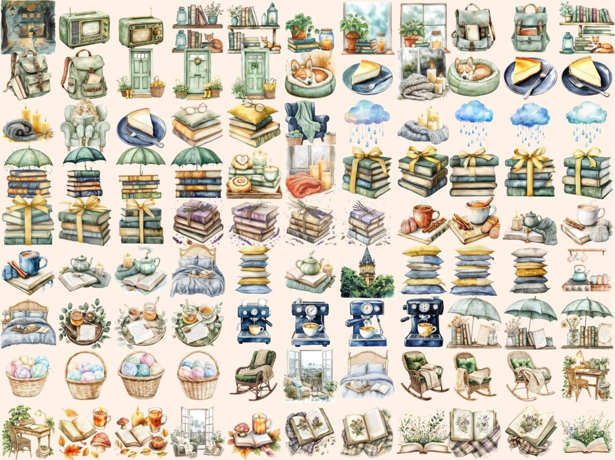 Reading in the Rain Watercolor Clipart autumn clipart book clipart book lover clipart - WondersArtist