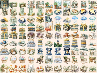 Reading in the Rain Watercolor Clipart autumn clipart book clipart book lover clipart - WondersArtist