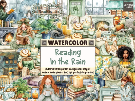 Reading in the Rain Watercolor Clipart autumn clipart book clipart book lover clipart - WondersArtist