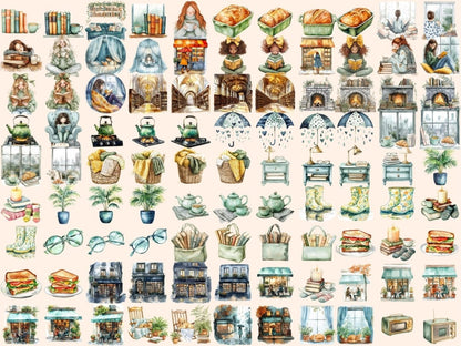 Reading in the Rain Watercolor Clipart autumn clipart book clipart book lover clipart - WondersArtist