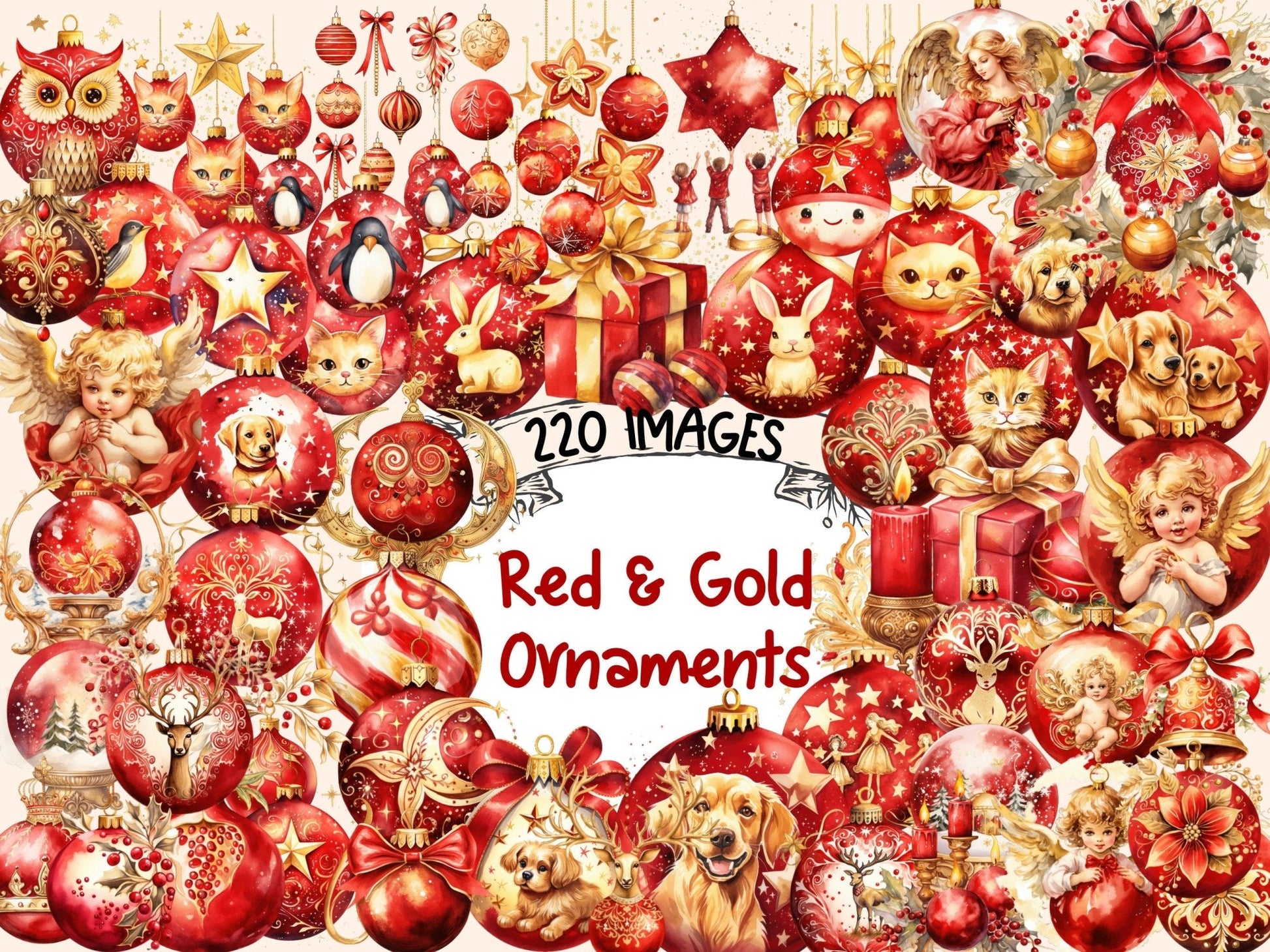 Red & Gold Christmas Ornaments Watercolor Clipart - High - Quality Instant Digital Download for Creative Projects