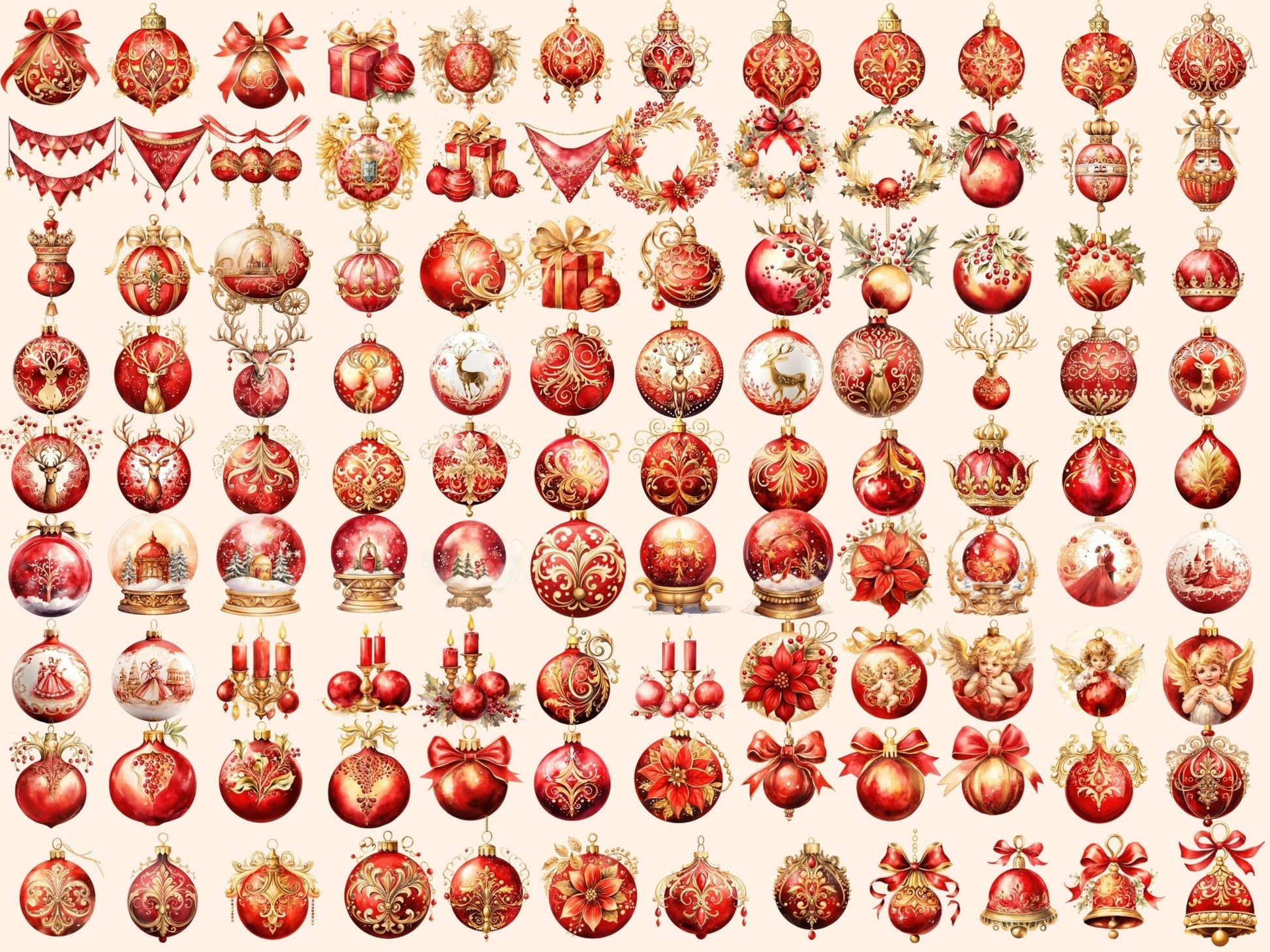 Red & Gold Christmas Ornaments Watercolor Clipart - High - Quality Instant Digital Download for Creative Projects