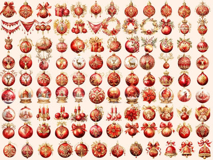 Red & Gold Christmas Ornaments Watercolor Clipart christmas clipart - Wonders Artist