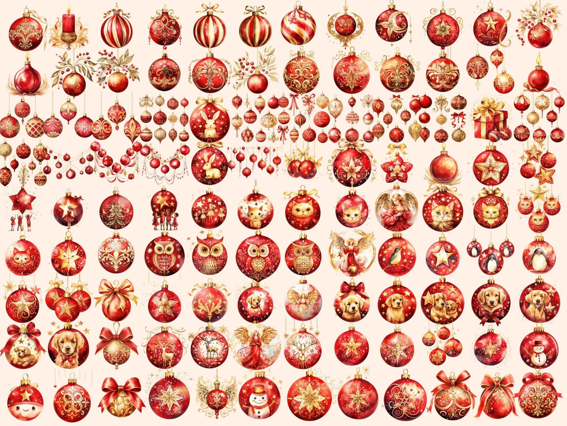 Red & Gold Christmas Ornaments Watercolor Clipart - High - Quality Instant Digital Download for Creative Projects