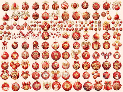Red & Gold Christmas Ornaments Watercolor Clipart christmas clipart - Wonders Artist