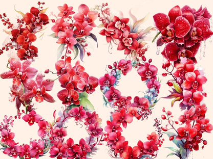 Red Orchids Watercolor Clipart fantasy flowers - Wonders Artist