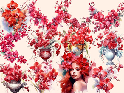Red Orchids Watercolor Clipart fantasy flowers - Wonders Artist