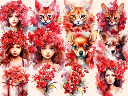 Red Orchids Watercolor Clipart fantasy flowers - Wonders Artist