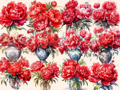 Red Peonies Watercolor Clipart boho peony - Wonders Artist