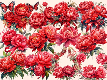 Red Peonies Watercolor Clipart boho peony - Wonders Artist