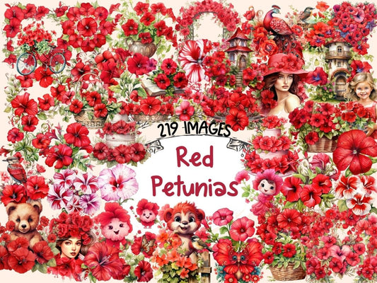 Red Petunias Watercolor Clipart floral clipart - Wonders Artist