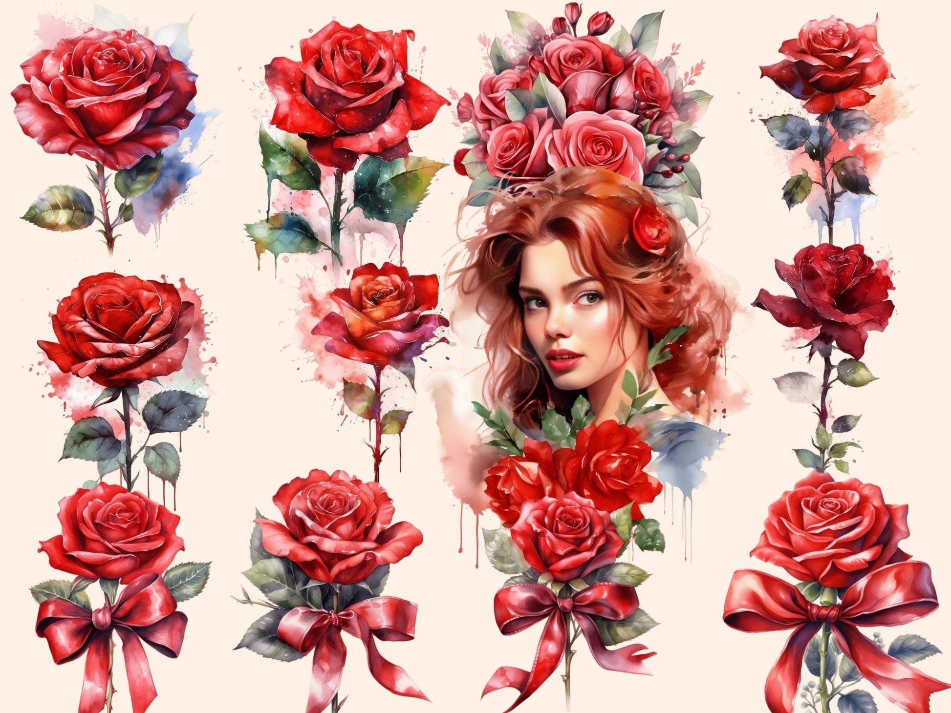 Red Roses Watercolor Clipart - High - Quality Instant Digital Download for Creative Projects