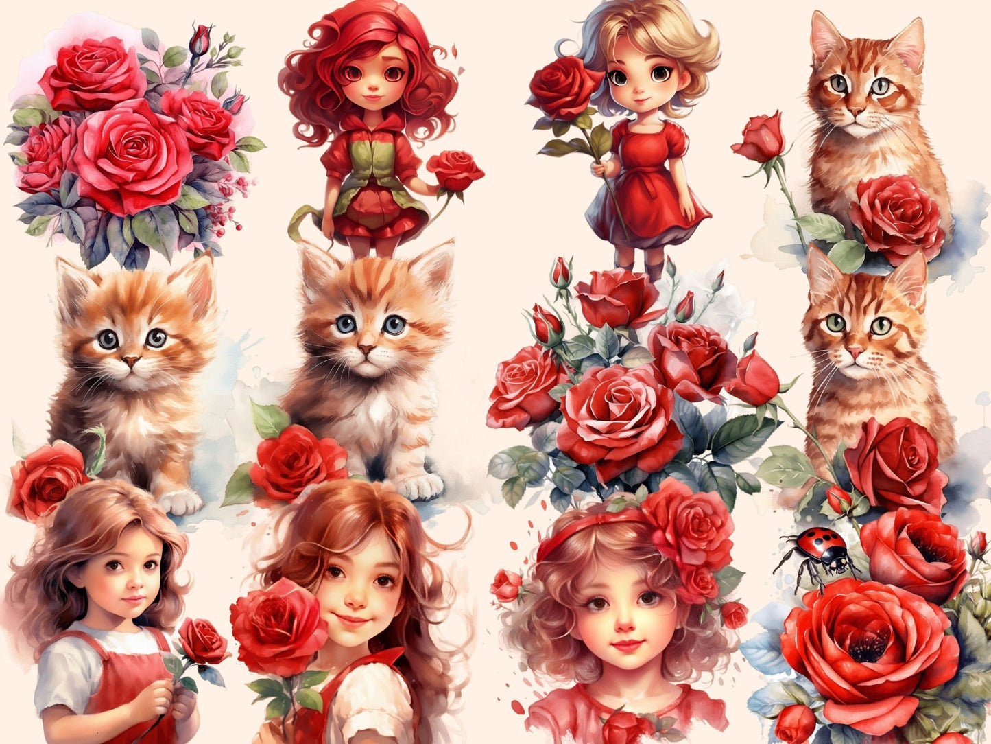 Red Roses Watercolor Clipart - High - Quality Instant Digital Download for Creative Projects