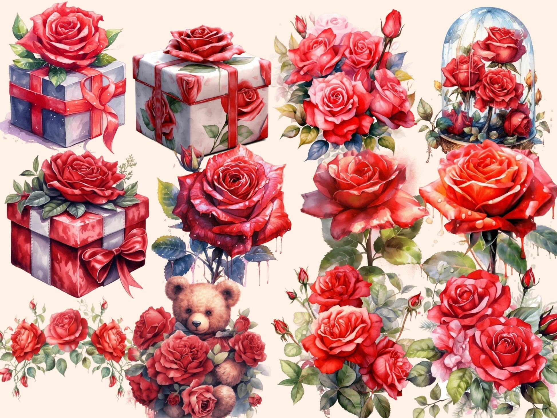 Red Roses Watercolor Clipart - High - Quality Instant Digital Download for Creative Projects