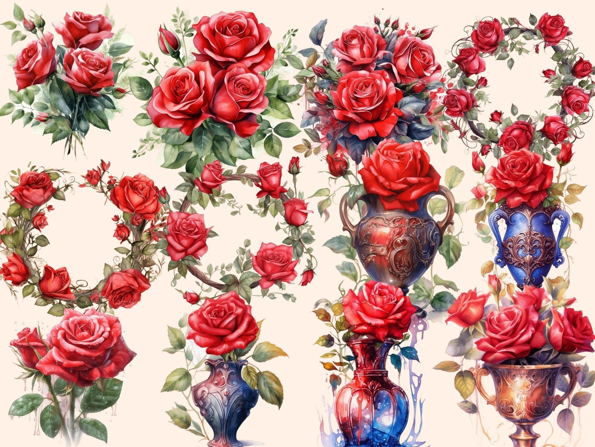 Red Roses Watercolor Clipart - High - Quality Instant Digital Download for Creative Projects