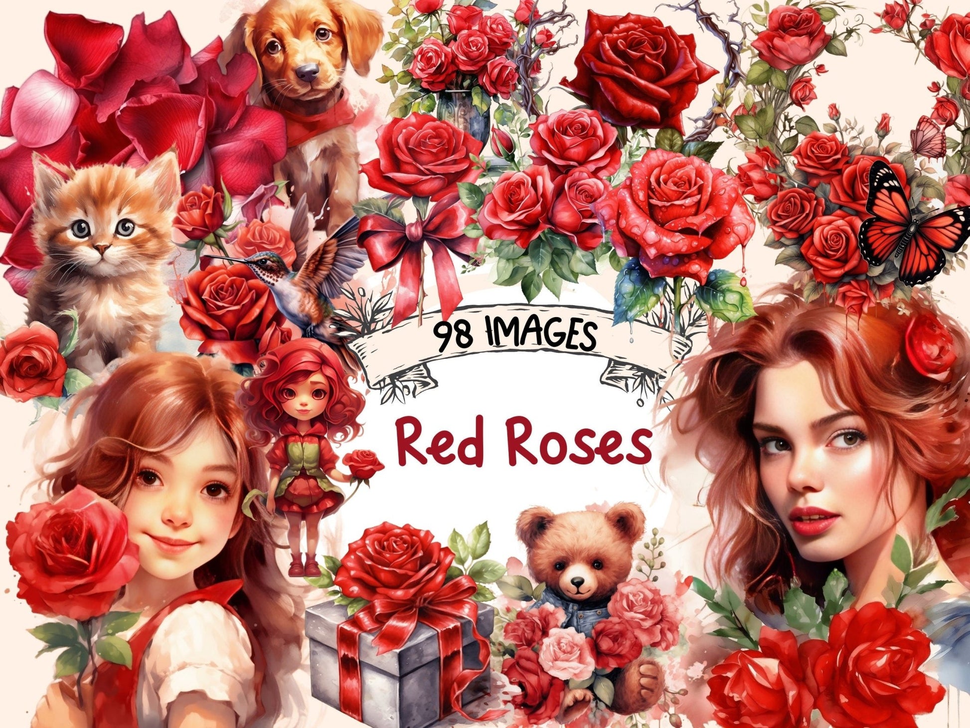 Red Roses Watercolor Clipart - High - Quality Instant Digital Download for Creative Projects