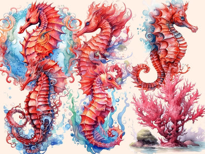 Red Seahorses Watercolor Clipart red seahorse clipart - Wonders Artist