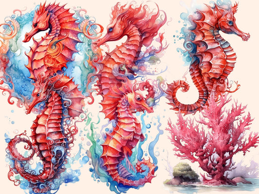 Red Seahorses Watercolor Clipart