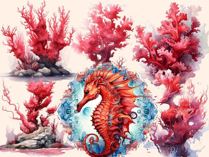 Red Seahorses Watercolor Clipart red seahorse clipart - Wonders Artist