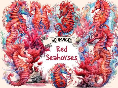 Red Seahorses Watercolor Clipart red seahorse clipart - Wonders Artist