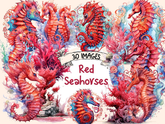 Red Seahorses Watercolor Clipart - High - Quality Instant Digital Download for Creative Projects