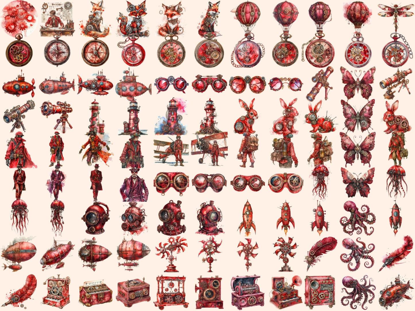 Red Steampunk Watercolor Clipart - High - Quality Instant Digital Download for Creative Projects