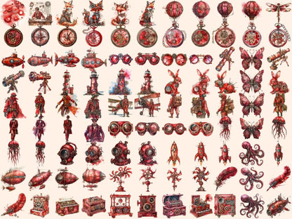 Red Steampunk Watercolor Clipart burgundy steampunk - Wonders Artist