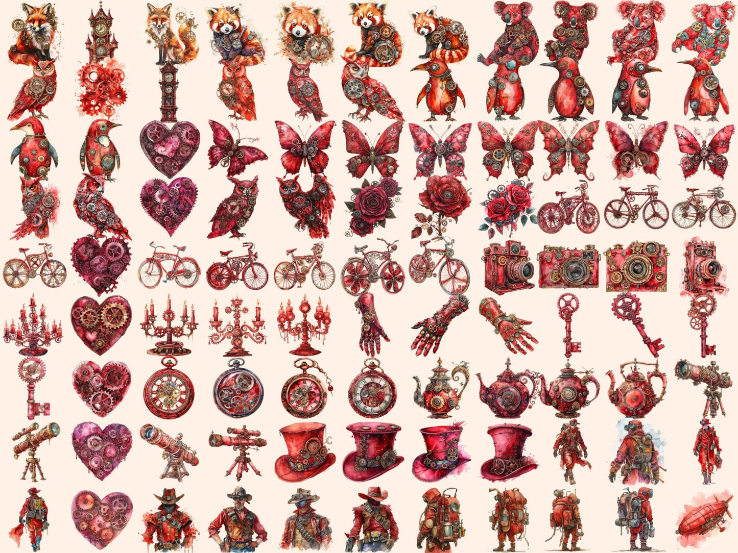 Red Steampunk Watercolor Clipart - High - Quality Instant Digital Download for Creative Projects