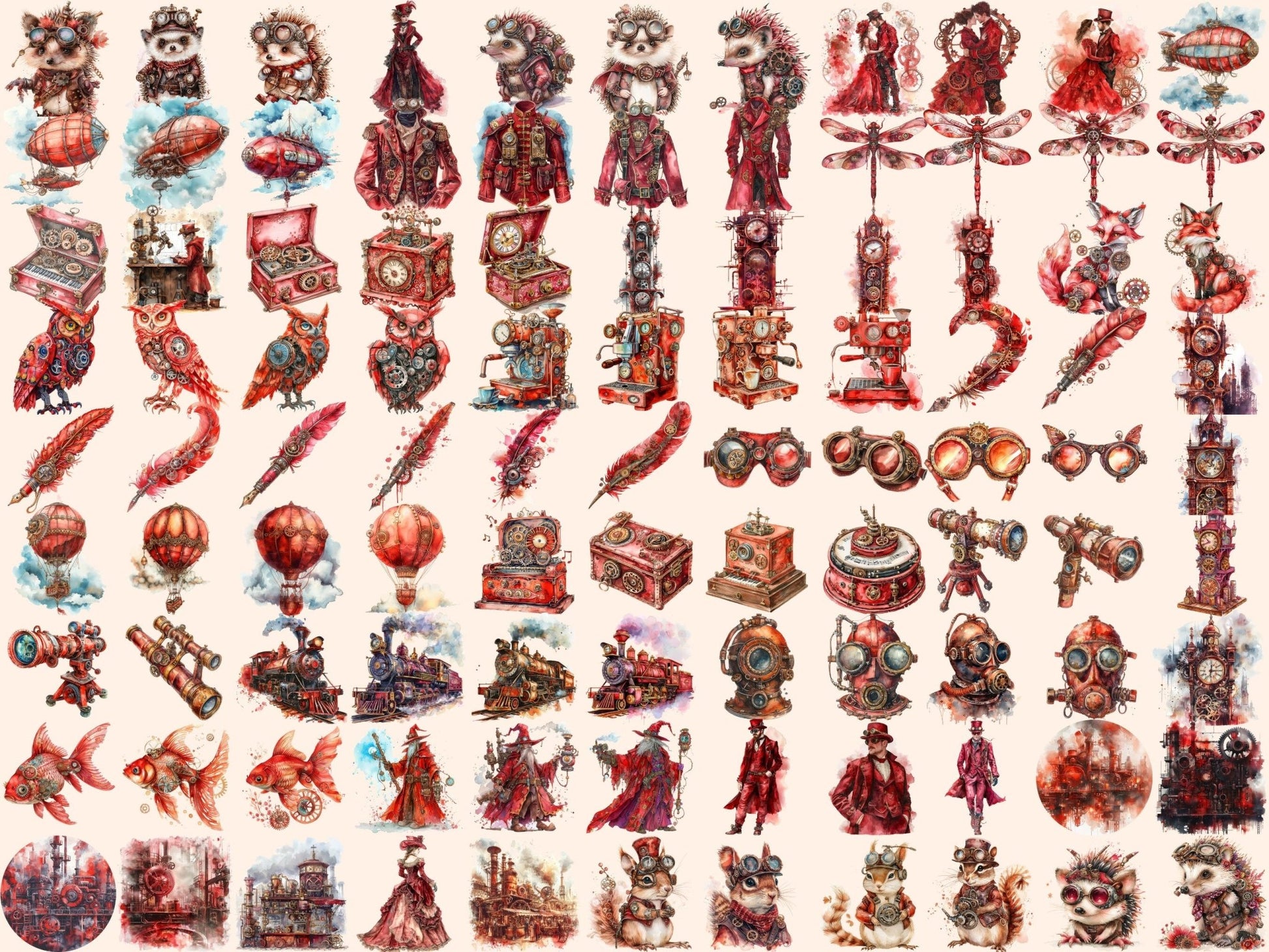 Red Steampunk Watercolor Clipart - High - Quality Instant Digital Download for Creative Projects