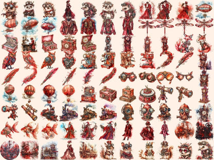 Red Steampunk Watercolor Clipart burgundy steampunk - Wonders Artist