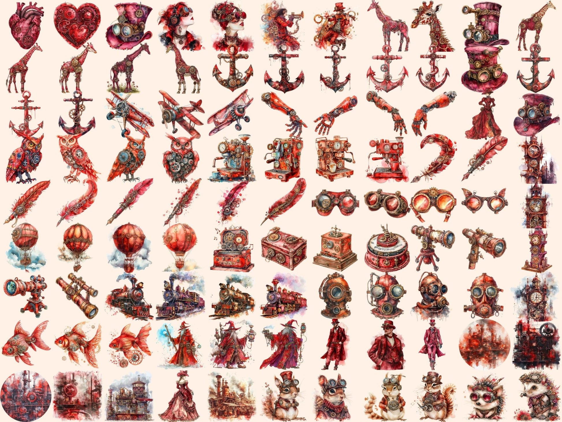 Red Steampunk Watercolor Clipart - High - Quality Instant Digital Download for Creative Projects