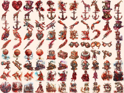 Red Steampunk Watercolor Clipart burgundy steampunk - Wonders Artist