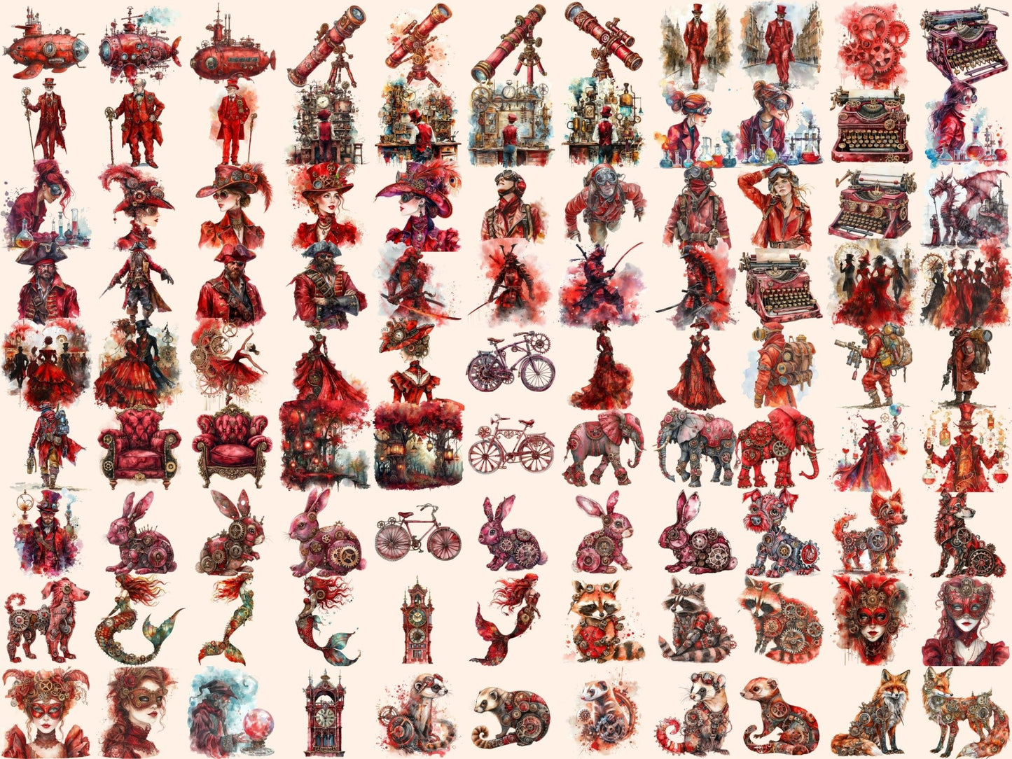 Red Steampunk Watercolor Clipart - High - Quality Instant Digital Download for Creative Projects